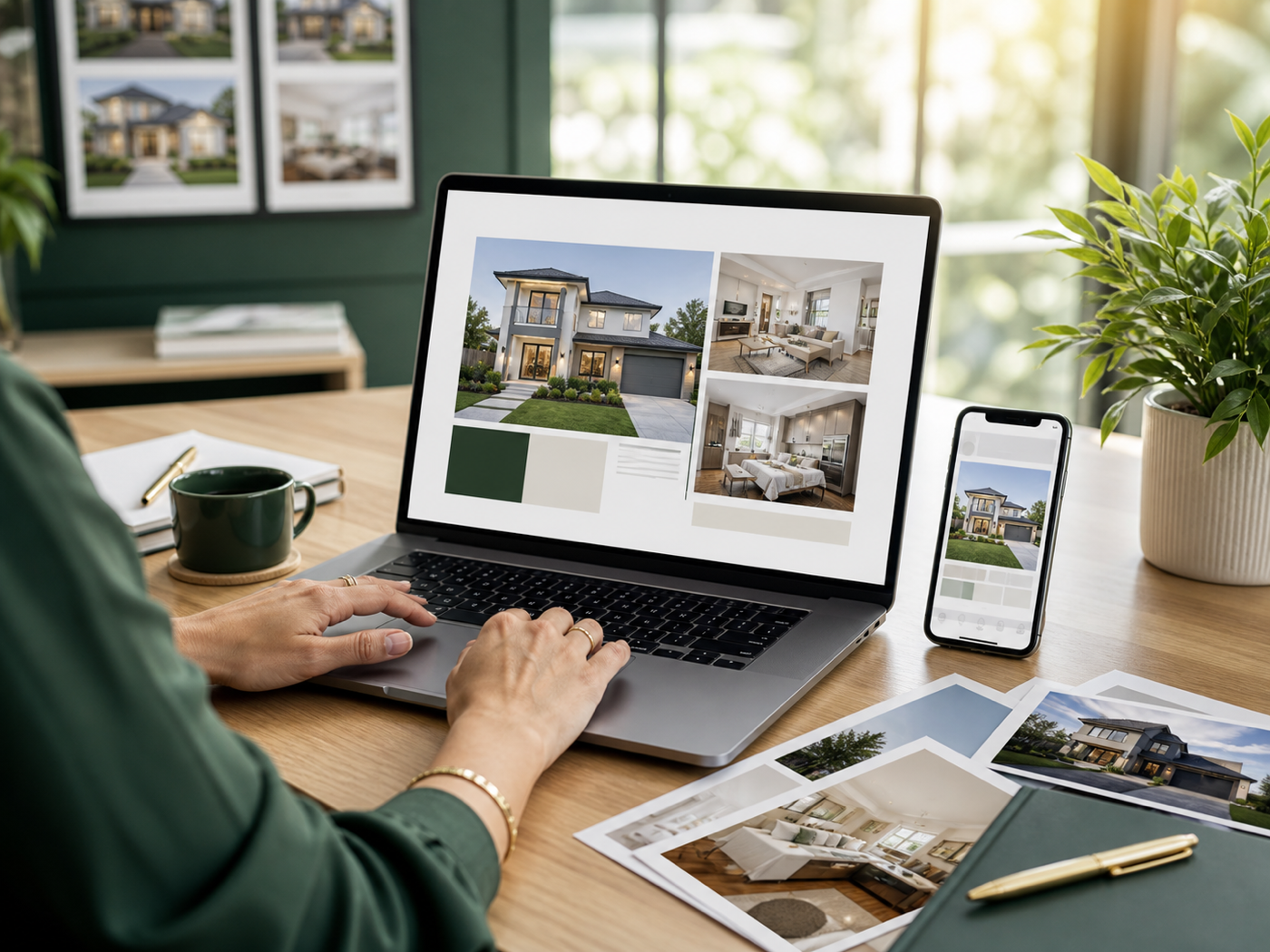 A managed real estate lead source being prepared across laptop, mobile, and print