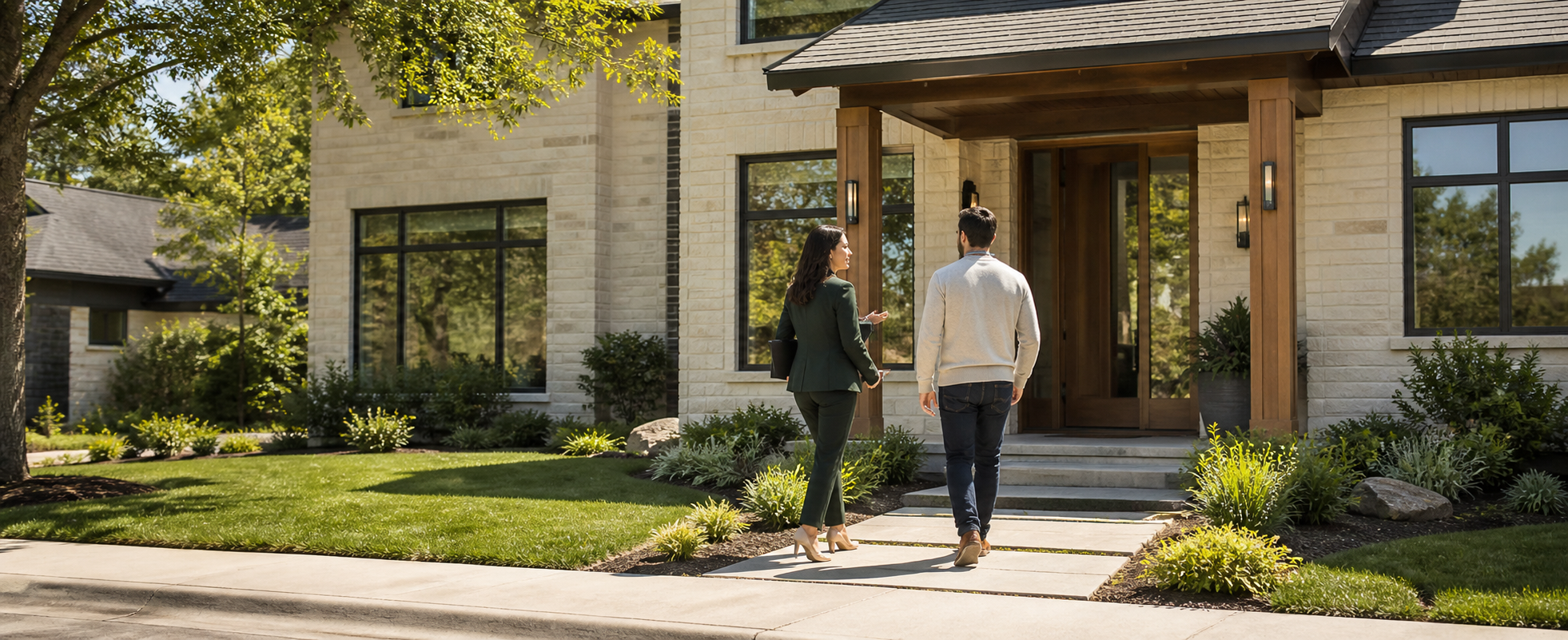 A real estate professional arriving at a home with a client