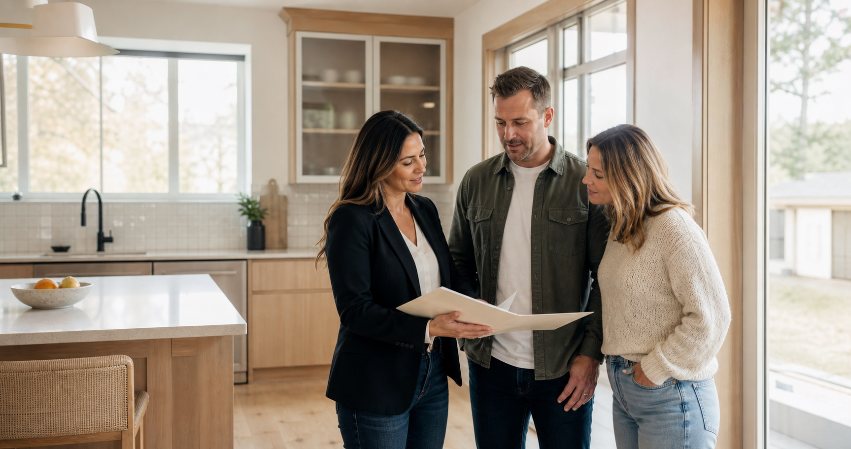 A real estate professional reviewing a property with clients in a bright home