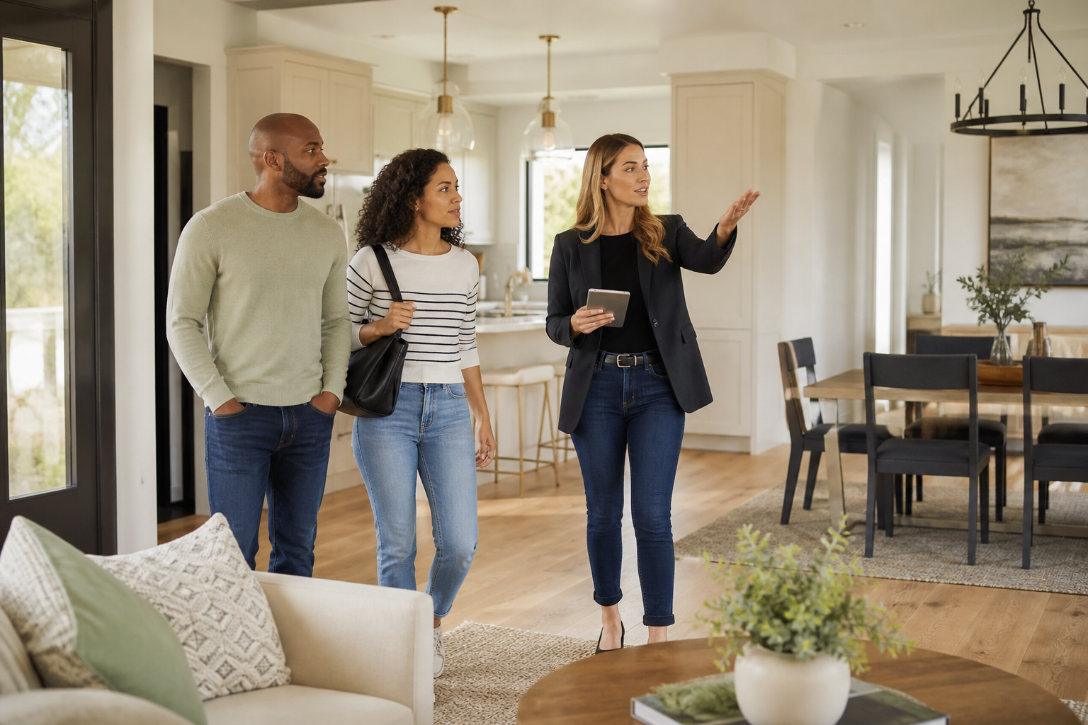A real estate professional guiding clients through a bright family home
